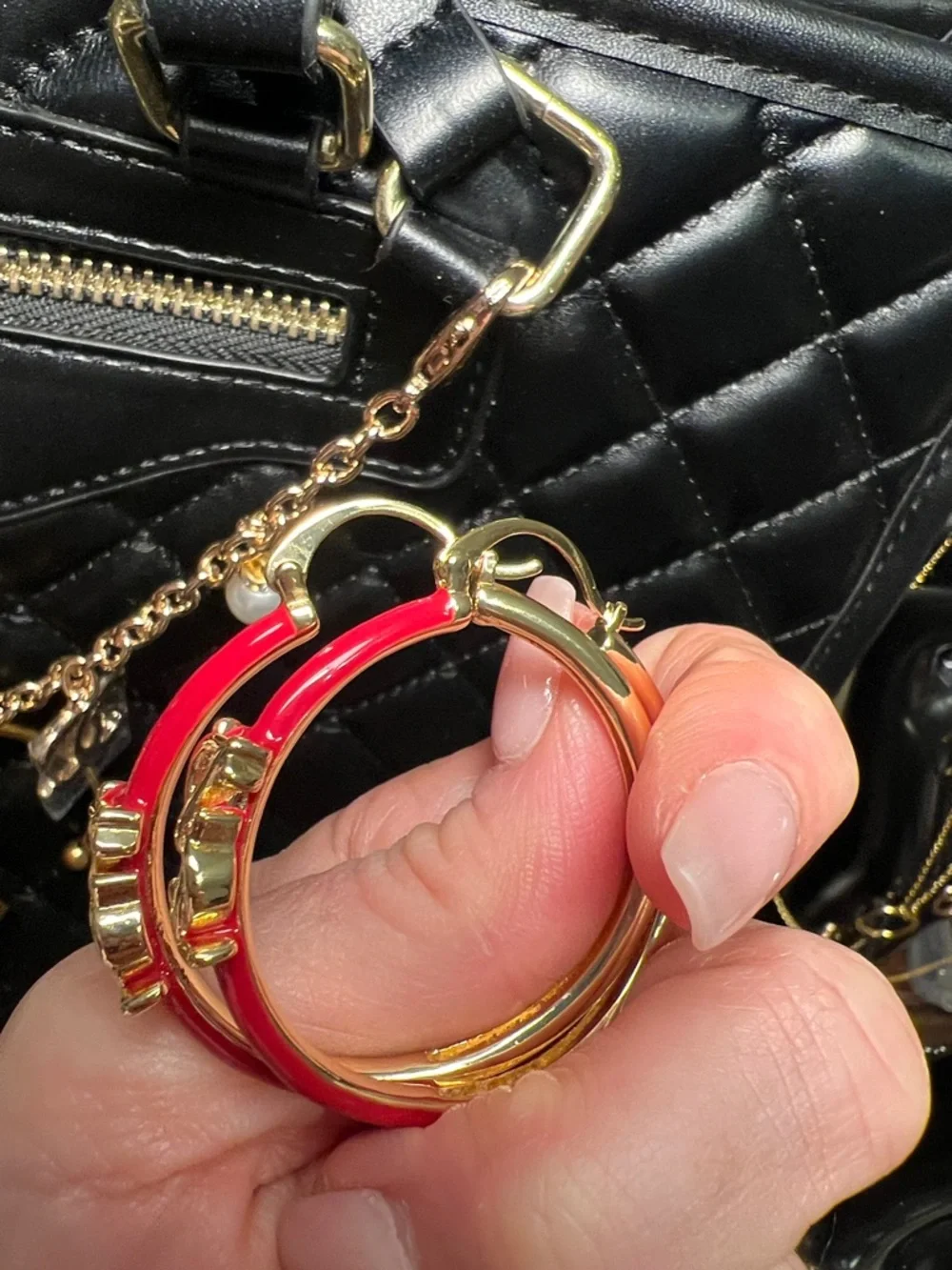 Gold Emblem Red Enamel Hoop Earrings - Picture 10 of 10